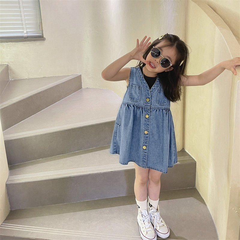 Ladycut Set Top Dress 2022 Summer New Fashion Children Baby Denim Belted Dress and Skirt for Summer