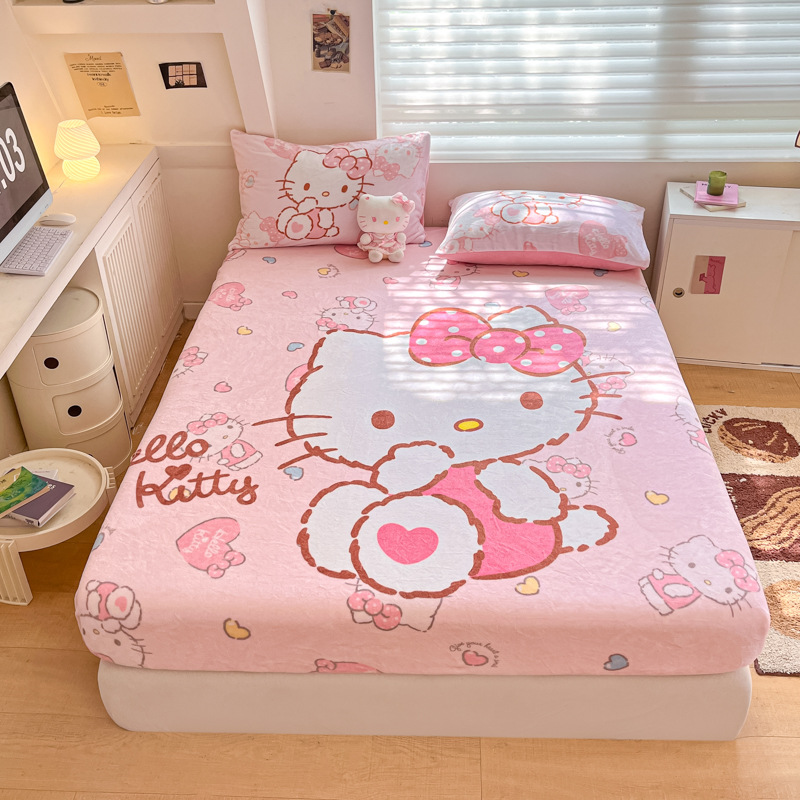 Cross-border KT Cat Milk Fleece Bed Hat Single-piece Sanrio Thickened Coral Fleece Bed Bag Cartoon fleece-lined Mattress Protection Cover