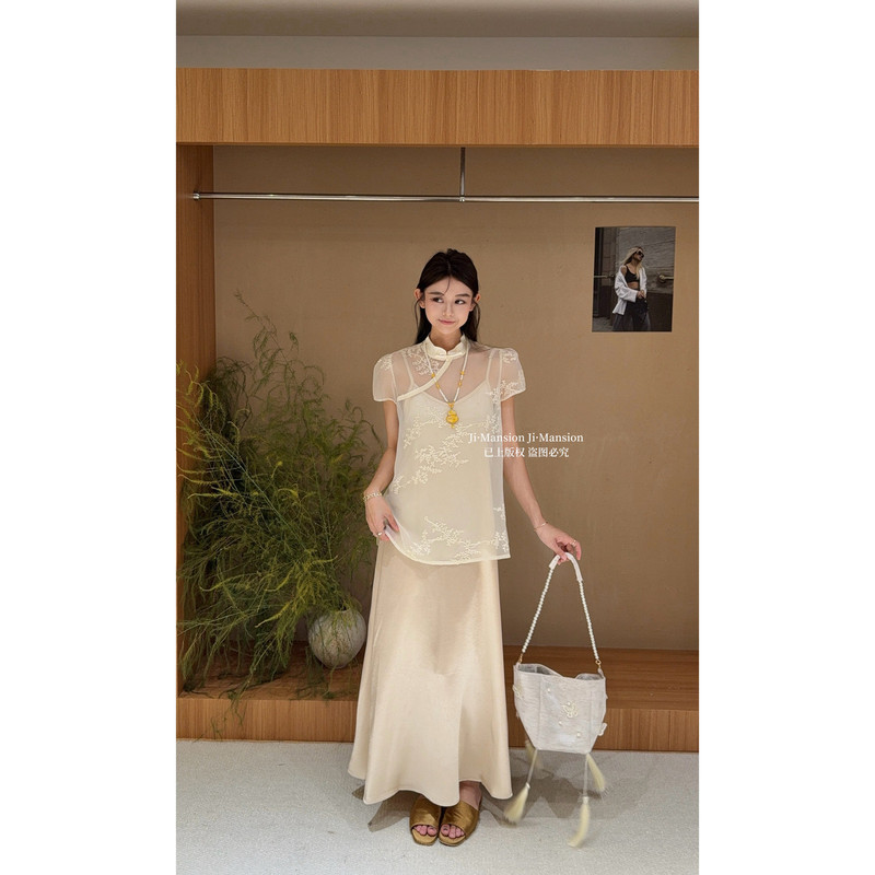 Ji.Mansion-26 Summer New National Style Jacquard Blouse + Elegant Suspender Dress Two-Piece Set 858 #