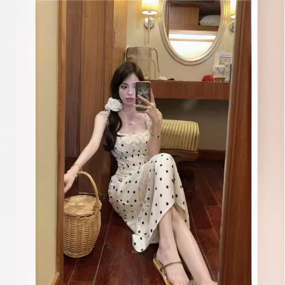 French Style Lace Stitching Sling dress Women's Summer Tight Waist Backless Mid-length Hip Skirt apricot Polo Dot Skirt