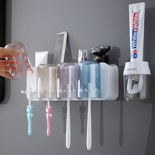 Bathroom toothbrush rack toothbrush storage rack punch-free wall-mounted toothbrush cup storage rack toothpaste squeezer toothbrush holder