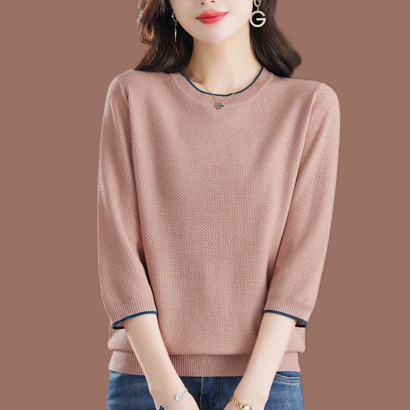 Fashionable Three-Quarter Sleeve Top, New Spring and Autumn Plus-Size Women's Shirt, Ice Silk Knit Base Shirt, Loose Thin Sweater