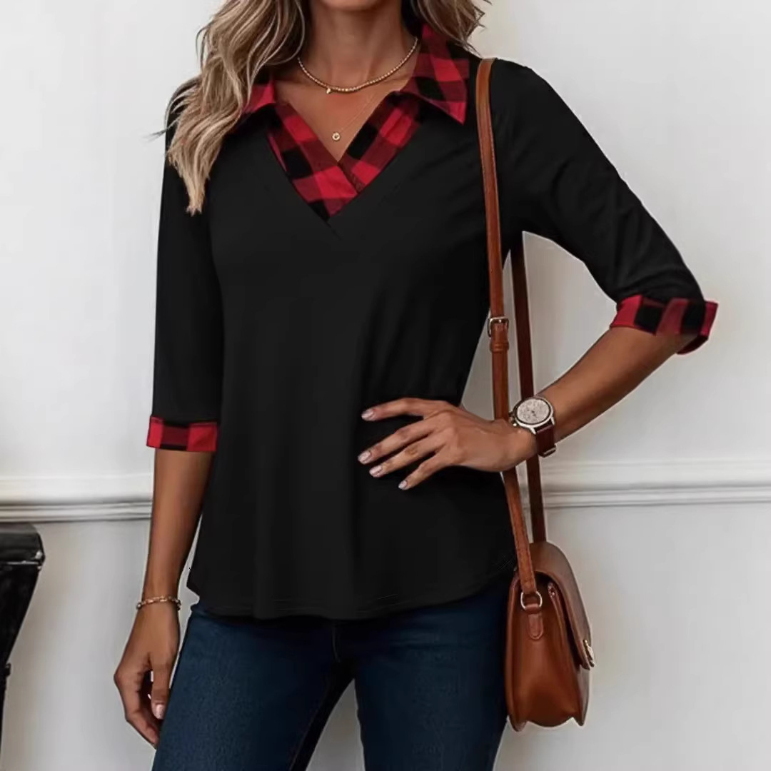 Contrast Panel Casual V-Neck Tunic Top For Women - Modern Spliced Tee With 3/4 Sleeves For Street Style_ecoleips.com