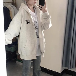 Children's White Grey Lambswool Cartoon Cat Hooded Cardigan Sweater Girl's Autumn and Winter fleece-lined Thickened Loose Jacket
