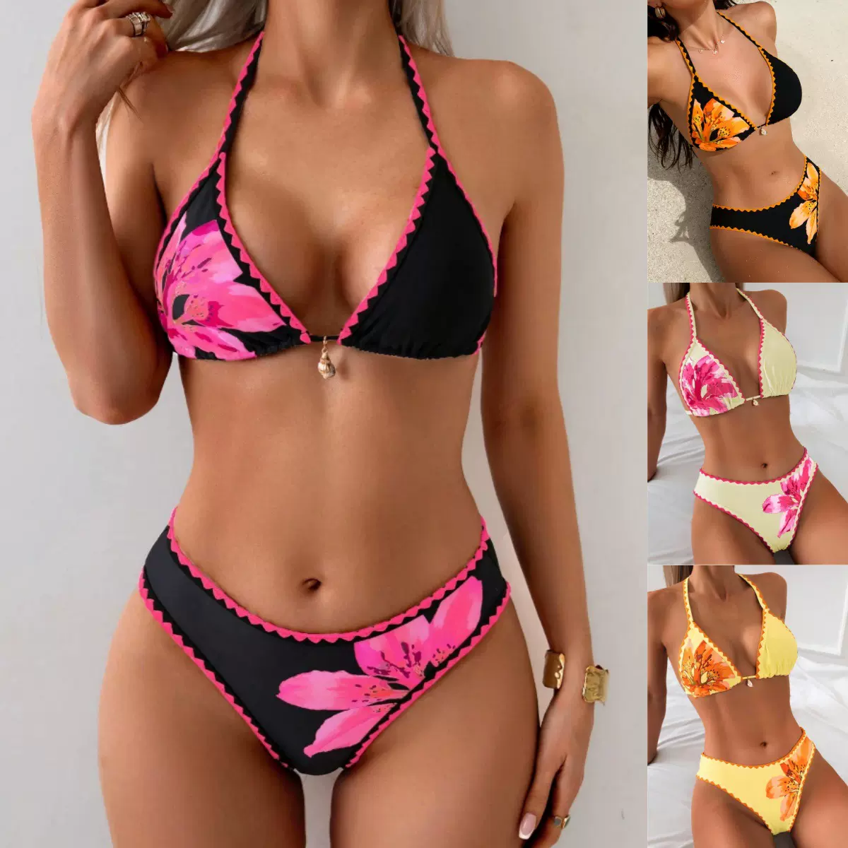 欧美新款ins风性感泳衣三点式比基尼定版印花分体绑带亚马逊泳装