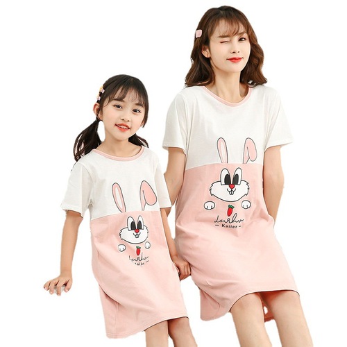 Girls' Cotton Summer Sleepwear Dress Short Sleeve Dress for Kids Mother and Daughter Set Baby Girl Outfit