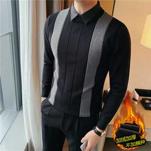 Winter high-grade fleece-lined thickened fake two-piece shirt collar sweater men's fashion pullover JR9305
