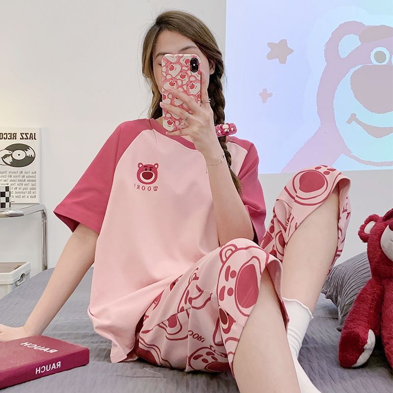 Pijamas con cojín de pecho para mujeres de verano nuevos pantalones de manga corta set de dibujos animados lindos de verano delgada ropa de hogar de tamaño grande