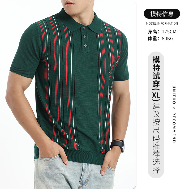 Europa y Estados Unidos trajes de hombre de hielo rayas con cuello polo camisa de hombre ligera de negocios casual de manga corta camisa de punto Paul hombre