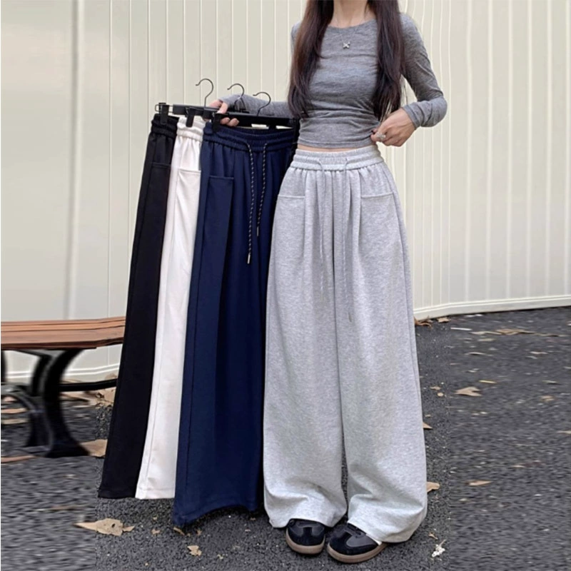 Ранние осенние повседневные брюки женские эластички талии шнурок широкие брюки свободные тонкие брюки прямые брюки