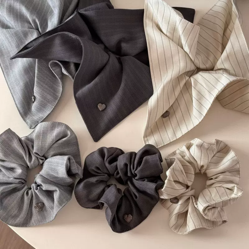 爆款灰色格纹爱心条纹大肠发圈女护发高级法式方巾发饰百搭头绳