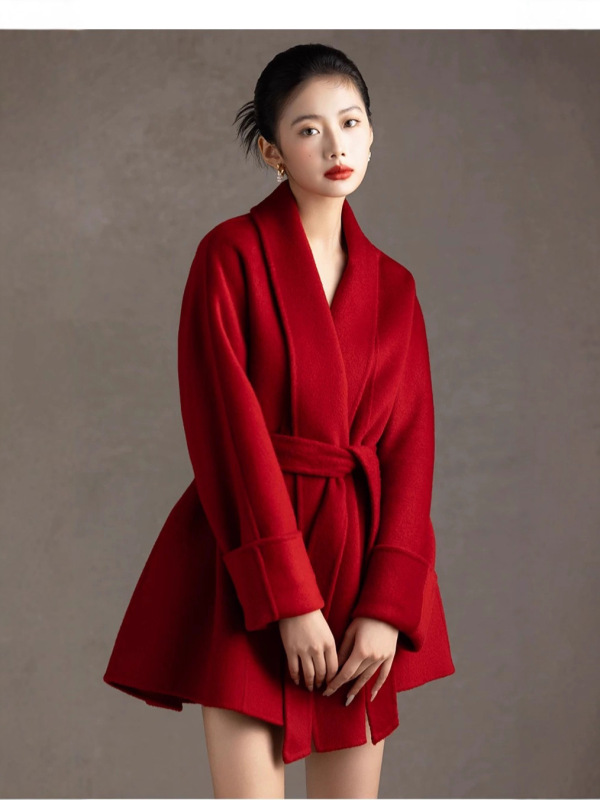 10羊绒小个子赫本风新年红双面呢大衣女短款斗篷系带加厚毛呢外套|undefined
