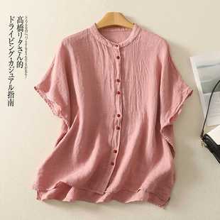 Real Shot of 2025 Summer New Cotton and Linen Pure Color Chinese Style Large Size Loose Casual Short-Sleeved Tops for Women