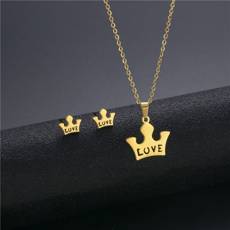 Fashion Crown Pendan Titanium Steel Necklace Gold Plated Earring Set