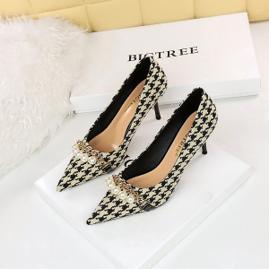 9283-A1 European and American thin heel high heel shallow mouth pointed cloth plaid thousand bird metal chain pearl sing