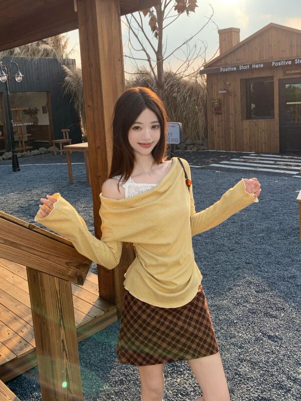 纯欲风露肩设计感长袖T恤女秋季2025新款收腰显瘦蕾丝拼接上衣ins|undefined