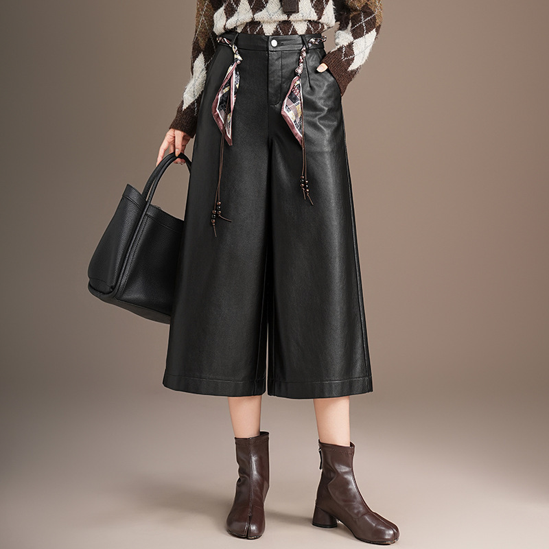 2025 Autumn and Winter New Fashion Versatile Pu Leather Pants Women's Casual Pants Three-Quarter Wide-Leg Pants Eight-Quarter Casual Large-Leg Pants