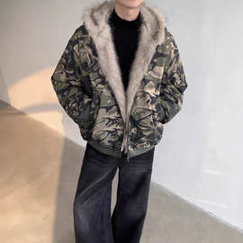 水洗迷彩毛领连帽棉服男冬季新款加厚保暖宽松底特律工装棉衣外套