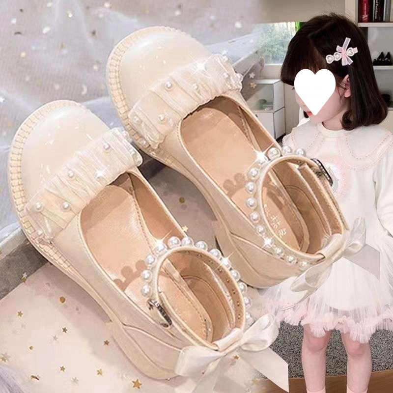 Girls' Leather Shoes, Spring Princess Shoes, Soft-Soled Kidsren's Shoes, Pearl Bow Kindergarten Performance Shoes, Dance Shoes
