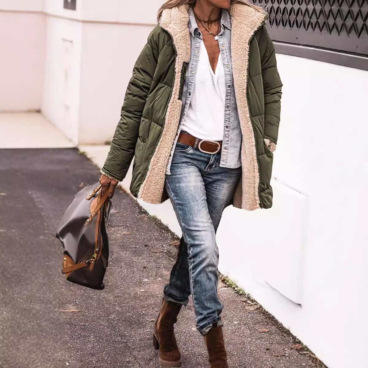Women's Clothing Solid Color Hooded Cotton Coat Long Sleeved Reversible Slim Fitting Cardigan Jacket Top_voghion.com
