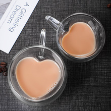 創意玻璃杯帶把雙層杯愛心心形果汁杯 耐熱小茶杯隔熱帶把咖啡杯