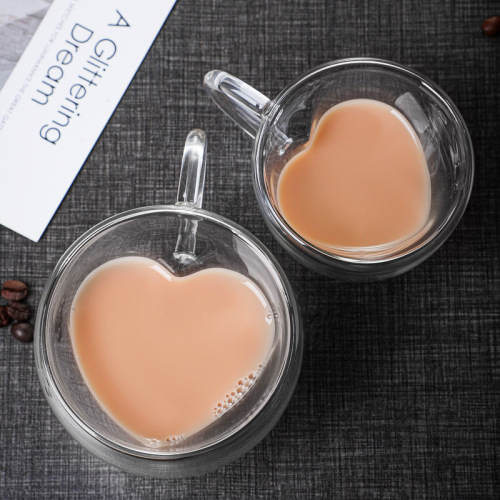 Creative glass double-layer cup with handle, love heart-shaped juice cup, heat-resistant small tea cup, insulated coffee cup with handle