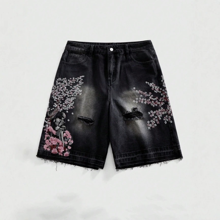 Other Denim Shorts Vintage Floral Embroidery Distressed Black