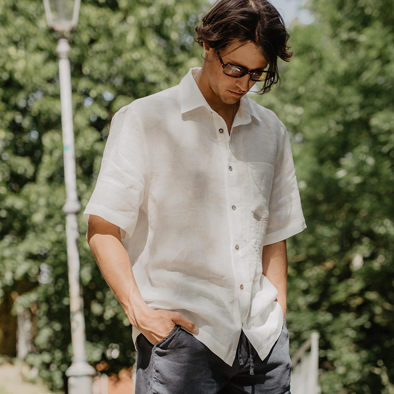 Pure Linen Short-Sleeved Men's Shirt, Commuter Lapel Top, Spring and Summer Casual, Relaxed, Vacation-Friendly, Refreshing and Breathable Shirt