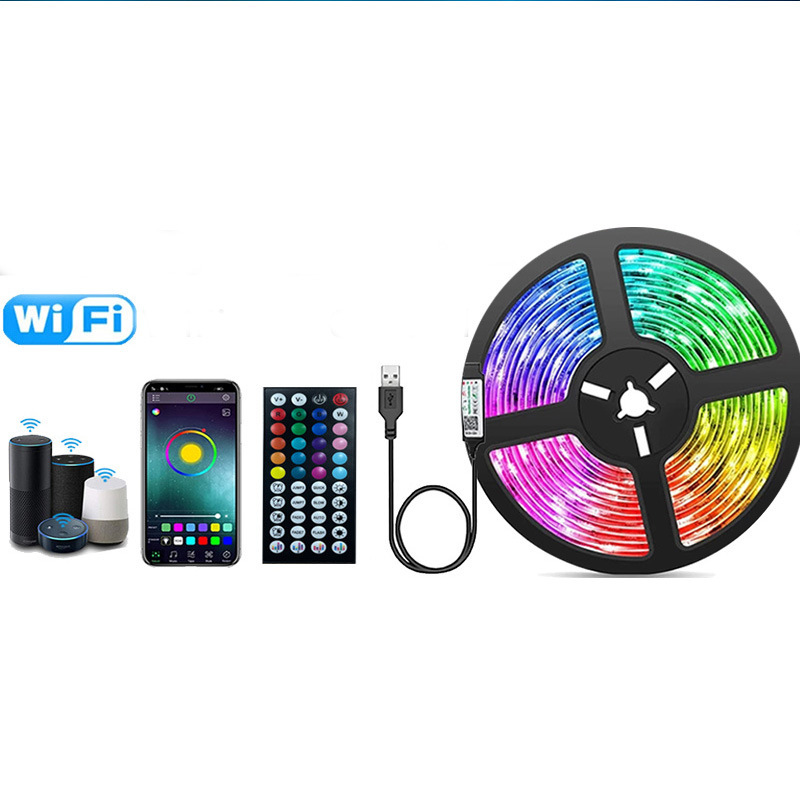 Kit de tiras de luz LED RGB de 5V inteligentes con control remoto wifi para mayoristas, tiras de luz coloridas para fondo de TV y luz de ambiente.