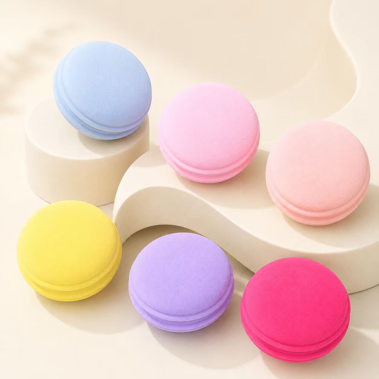 Fábrica personalizada macarón huevo de maquillaje hidrofílico no látex esponja de maquillaje PU no comer polvo, huevo de maquillaje seco y húmedo de doble uso