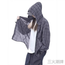 深灰色格纹连帽防晒衬衫女开衫气质日系潮流无品牌新款慵懒流行