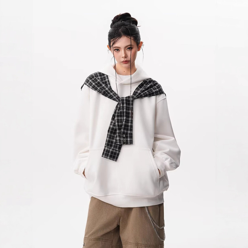 American High Street Casual Versatile Plaid Fake Two-Piece Shawl Long-Sleeved Sweatshirt Men's Trendy Brand Loose Pullover Hooded Jacket