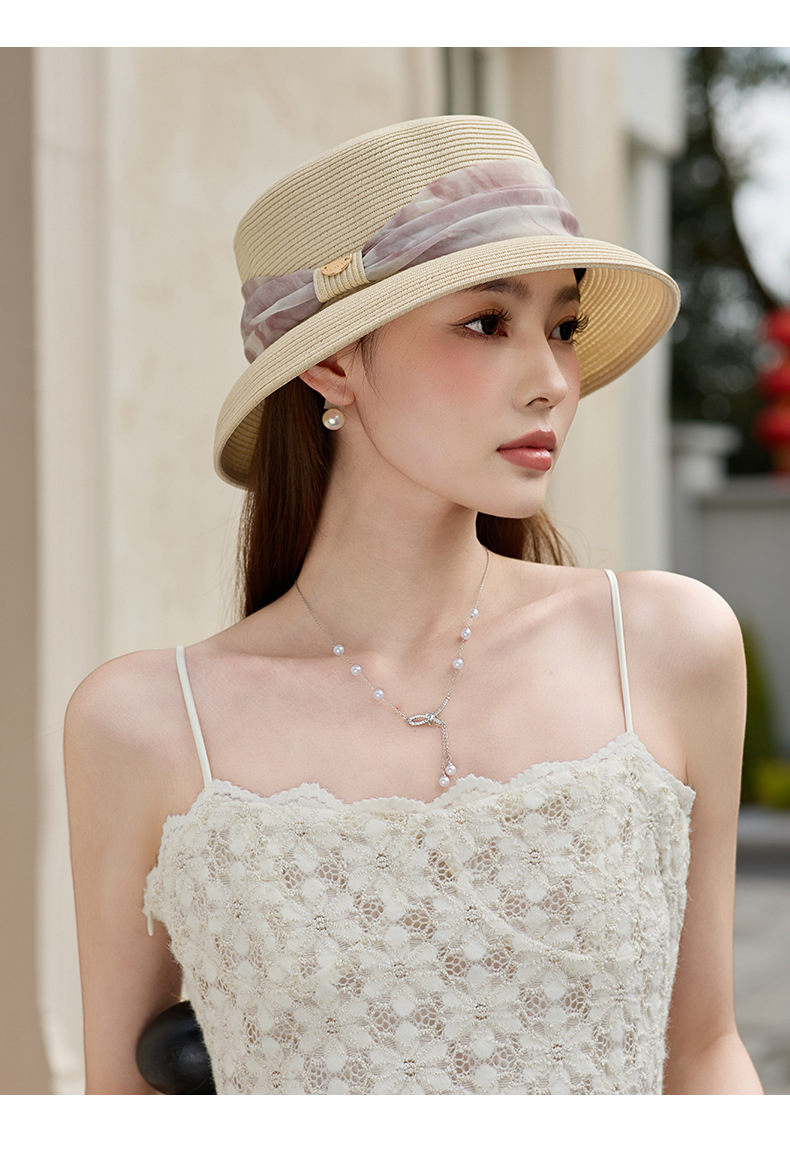 Mũ rơm nữ vành rộng kiểu Pháp mái vòm đi biển che nắng thoáng khí — Màu be chi tiết 8