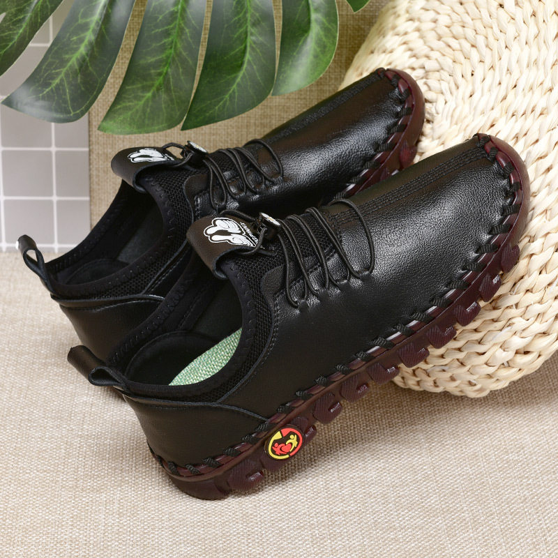 Giày nữ đế mềm khâu tay da thoáng khí, đế cao su giảm sốc, gót vừa 3-5 cm — 6065 Màu Đỏ, 6065 kaki, 6065 màu đen, Màu trắng 6065