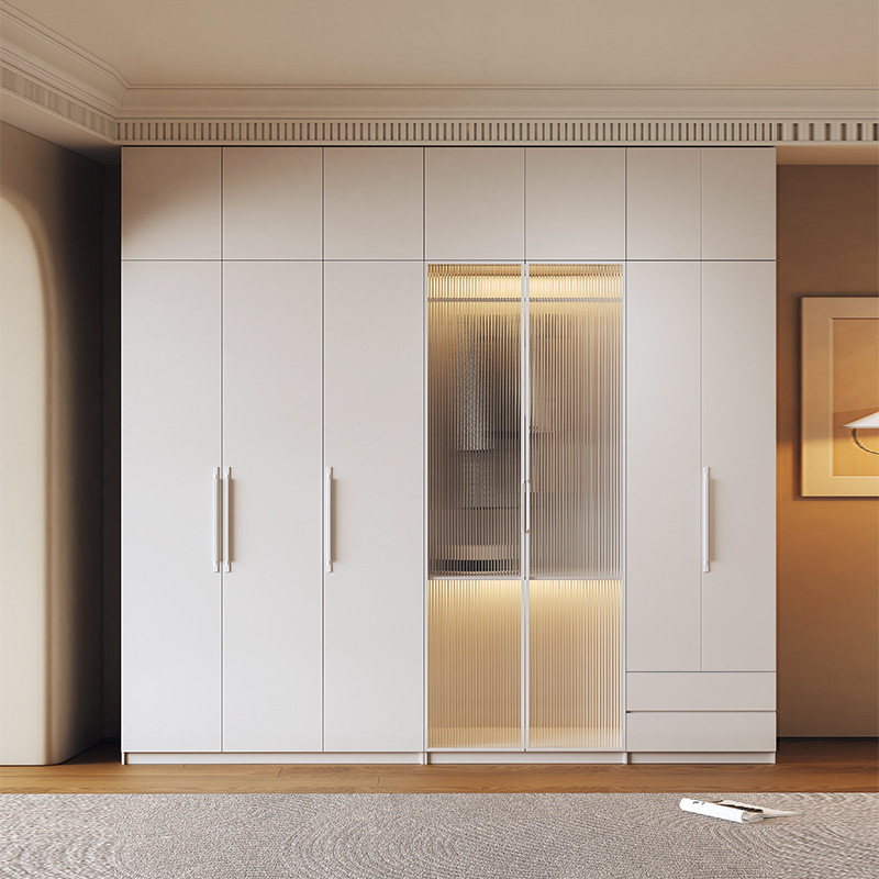 Cream Style Simple Modern Solid Wood Wardrobe Home Bedroom Large Wardrobe Cloakroom Light Luxury Glass Door Combination with Lamp