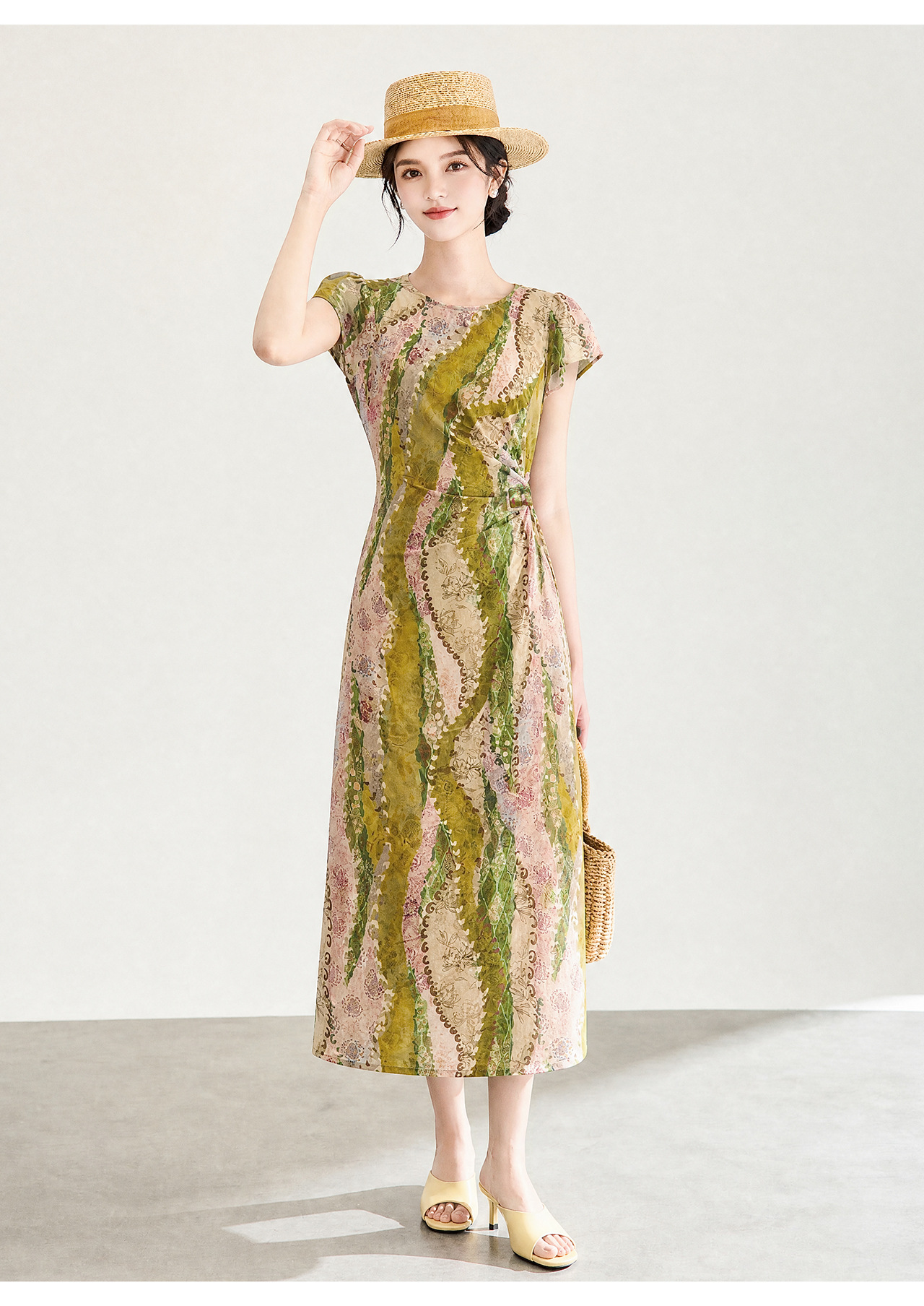 Đầm maxi nữ họa tiết bohemian tay ngắn thắt eo chất liệu voan — màu hồng chi tiết 21