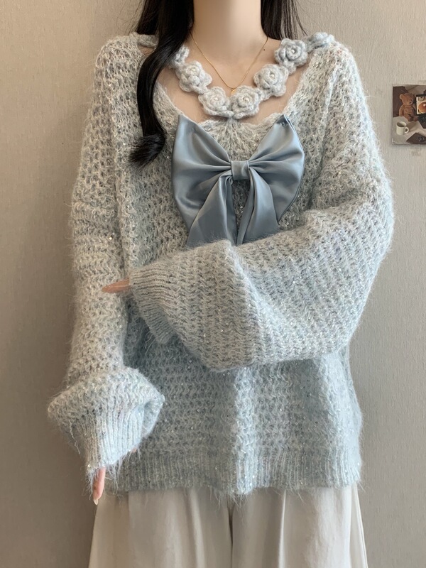 立体花朵镂空V领针织衫毛衣女春秋大码宽松设计感法式蝴蝶结上衣|undefined