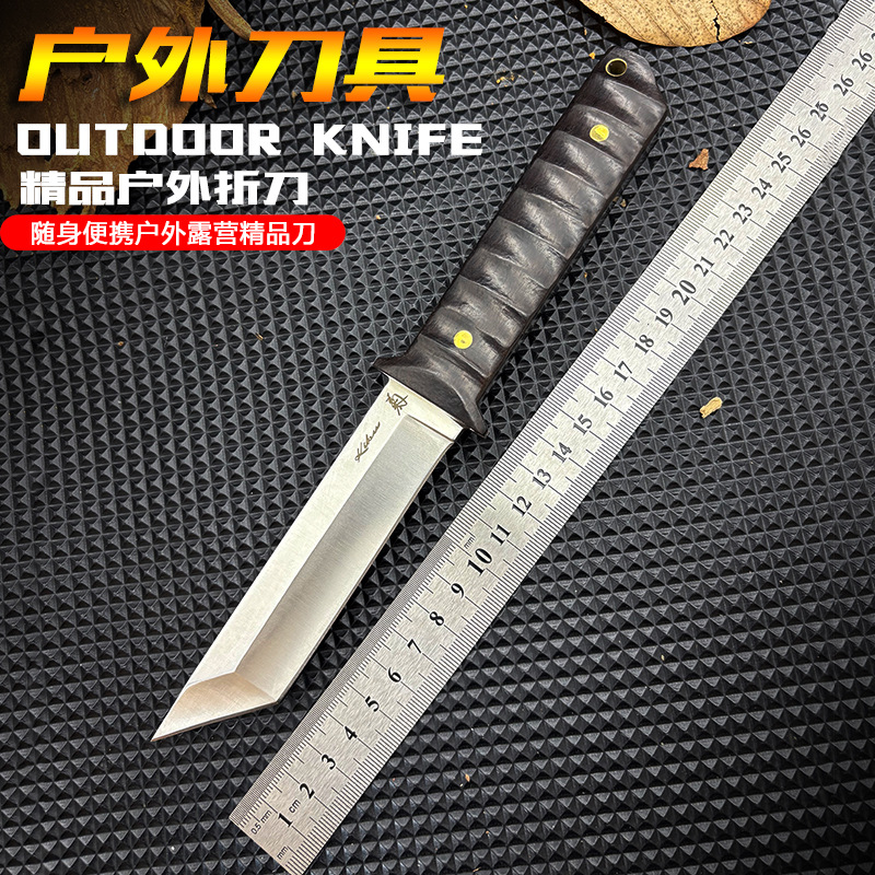 跨境D2钢方头直刀户外高硬度锋利防身救援刀具露营开山开路排障刀