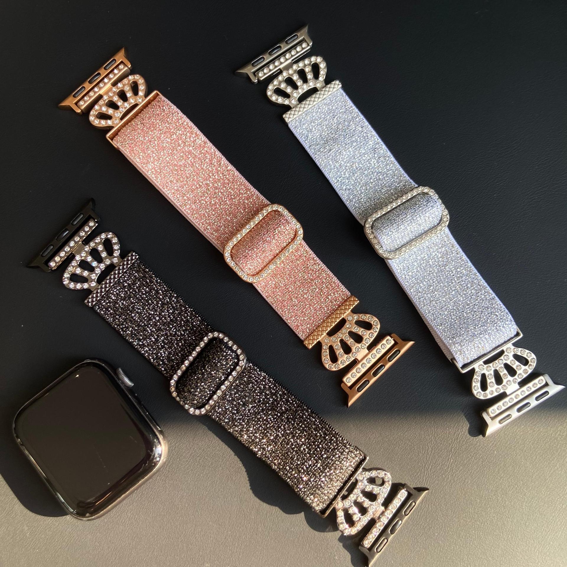 Cross-Border New Crown Head Apple Watch Strap Shiny Diamond Adjustment Buckle Nylon Wrist Strap Suitable for Apple Watch Strap