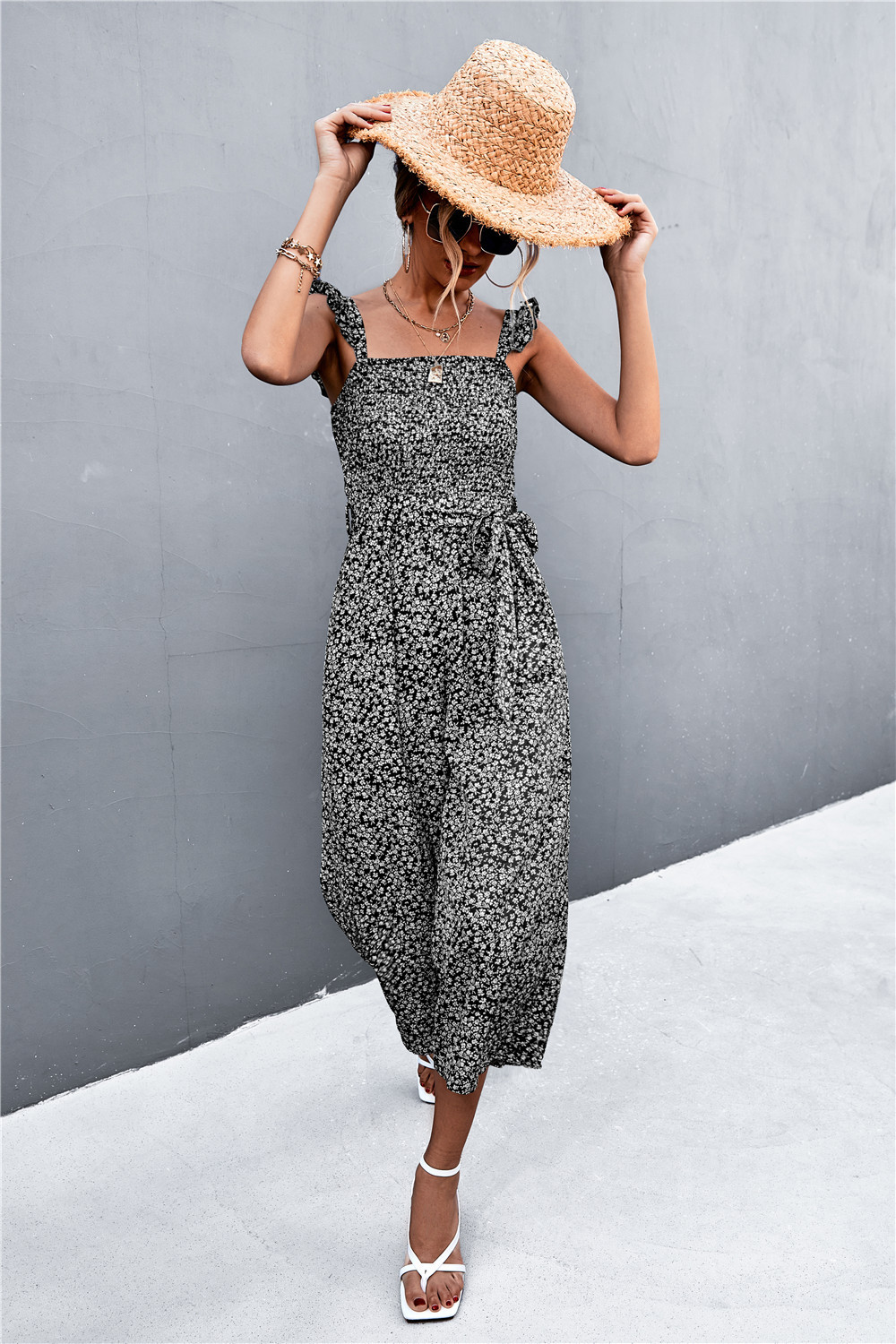 Spring Summer Flying Sleeves Belt Floral Smocking Jumpsuit