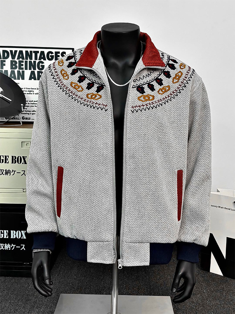 Embroidered Contrasting Design, Stand Up Collar Jacket, Fel Island Knit Sweater, Cardigan Jacket, Top_voghion.com