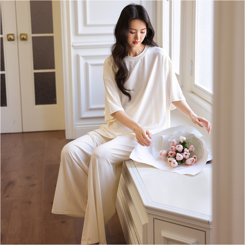 Oversize Loose-Fitting Pajamas for Women, Spring and Summer Modal Cotton Short-Sleeved Pants Set, Can Be Worn Outside as Home Clothes
