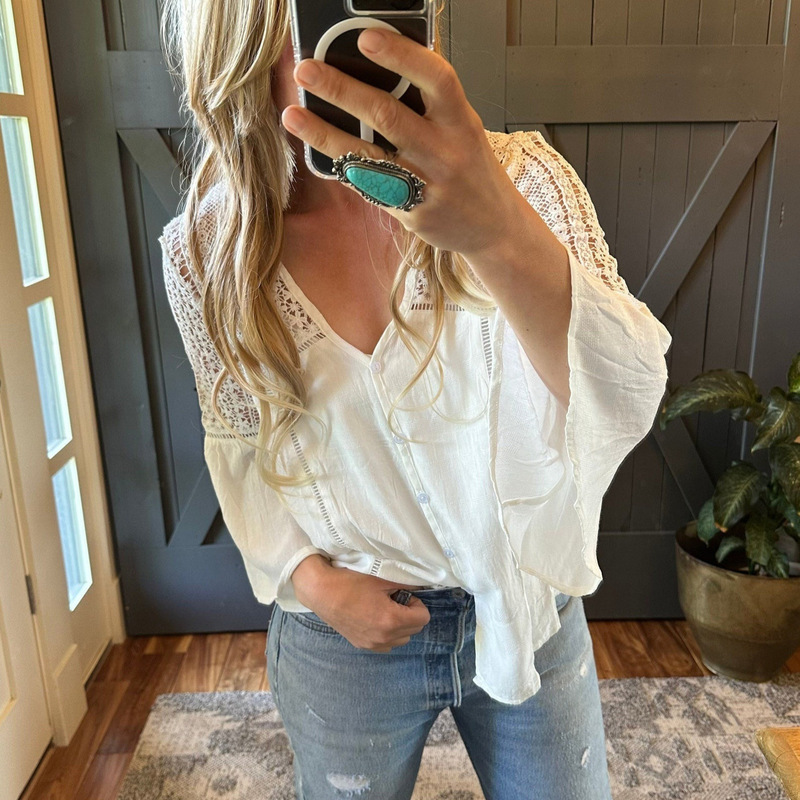 2025 European and American Cross-Border Crochet V Neck Lace Bell Sleeve Button Bohemian Style Cut Out Casual Top