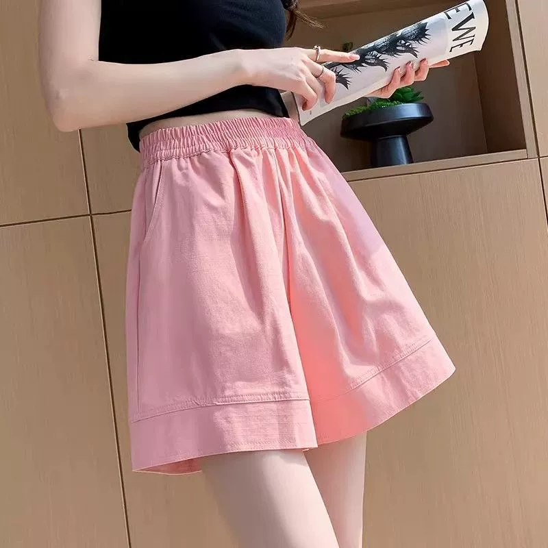 Спортивные широкие шорты из чистого хлопка для женщин, летние утягивающие шорты с эластичной резинкой на талии, миниатюрные шорты трапециевидной формы длиной до колена с высокой талией, повседневные.
