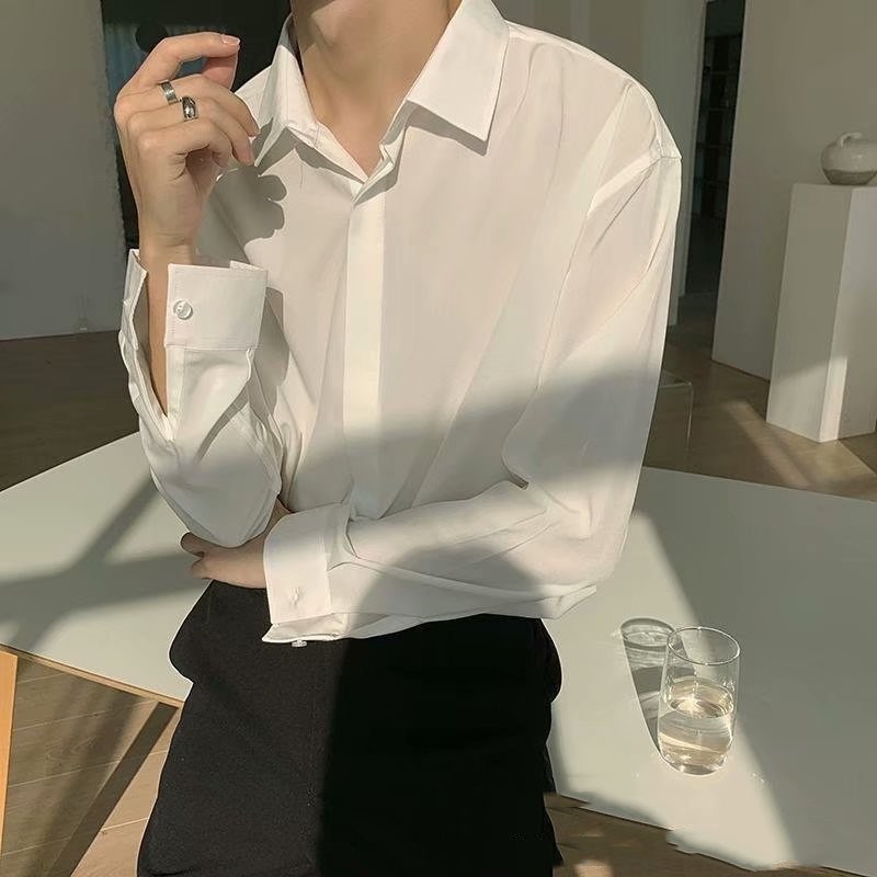 Autumn Korean-style Abstinence Style Dark Green White Shirt Men's Trendy ins Draped Retro Loose Long-sleeved Inner Shirt