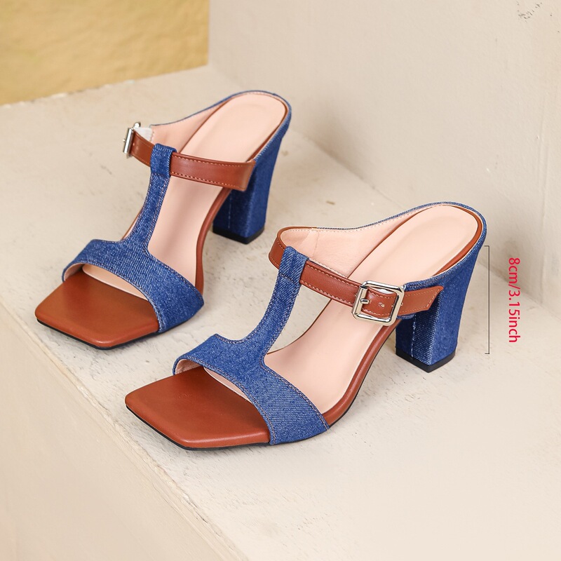 Summer color-blocked denim high-heeled slippers for outdoor wear, 2026 new model, square toe, chunky heel, large size, belt buckle sandals for women Summer color-blocked denim high-heeled slippers for outdoor wear, 2026 new model, square toe, chunky heel, large size, belt buckle sandals for women