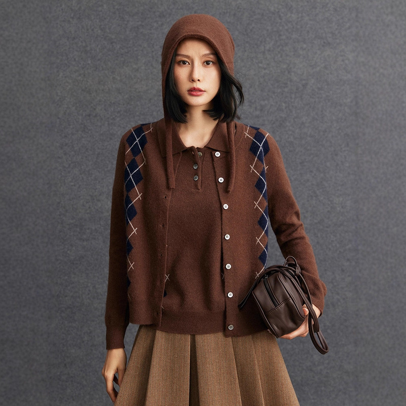 2025 New Brown Gray Diamond Pattern Lapel Contrast Short-Sleeved Cashmere Knitted Bottoming Shirt Polo Collar Suit