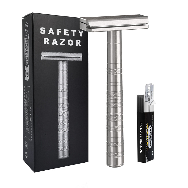 Stainless Steel Double-Edged Safety Razor, Comes with 5 Spare Blades, 30 ° Angle-Adjustable Reusable Razor
