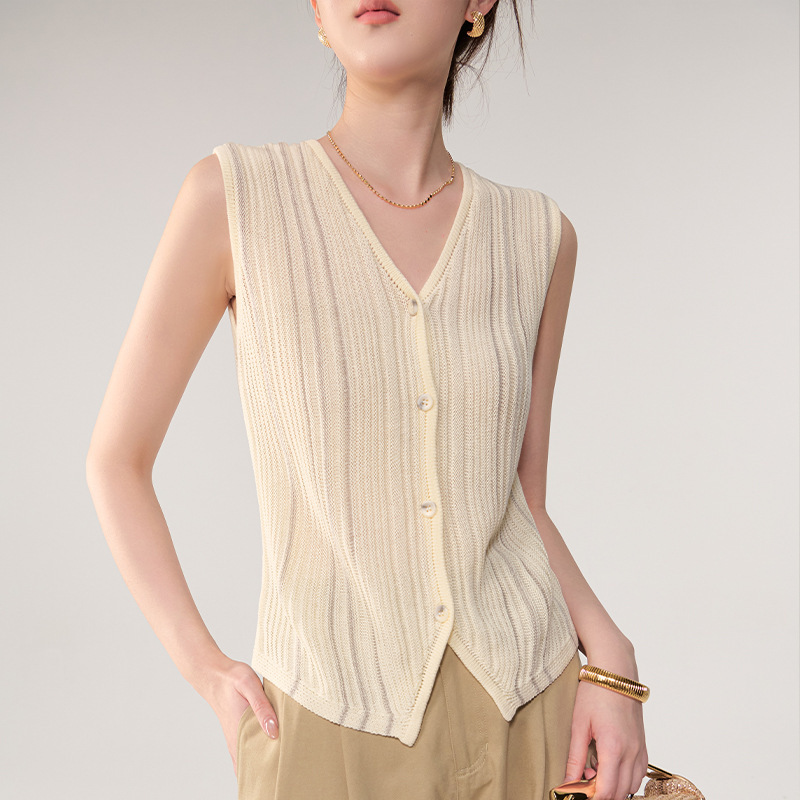 Summer New Style Tencel Linen V Neck Retro Slim Knitted Cardigan Elegant Sleeveless Vest Vest Top for Women