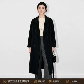 轻奢纯色双面羊毛大衣女秋冬双排扣西装领系带收腰呢子100%纯羊毛